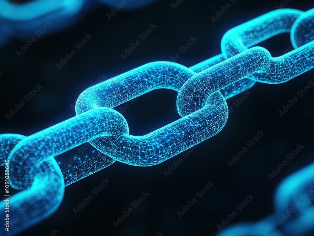 Poster a futuristic depiction of a glowing blue digital chain, symbolizing blockchain technology and data s