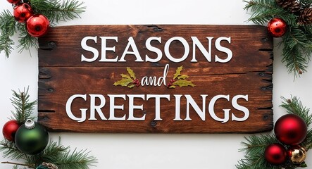 seasons greetings lettering on medieval ancient sign wooden board on plain white background