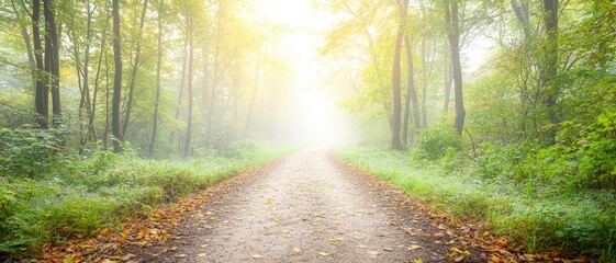 Obraz premium Foggy landscape ambience in a serene forest pathway nature photography tranquil environment