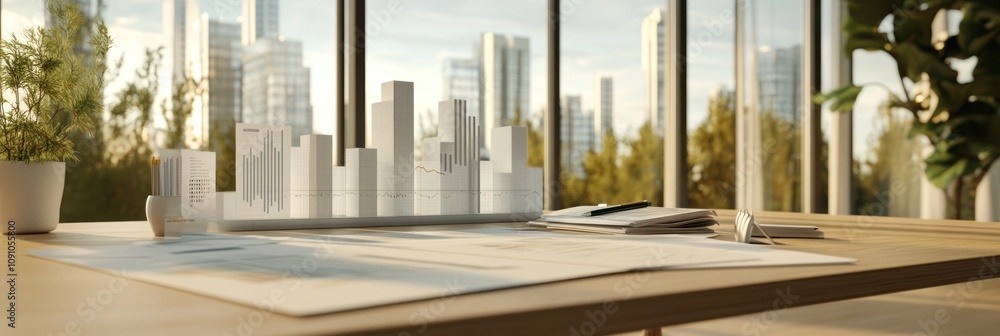 Aufkleber a modern workspace featuring architectural models and cityscape views.