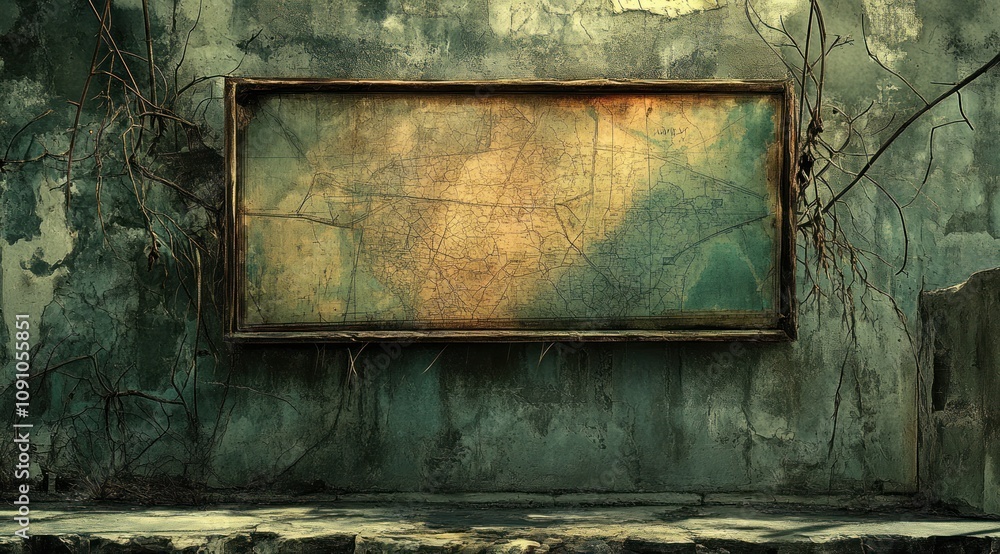 Poster A weathered map displayed in a rustic frame against an aged wall, surrounded by creeping vines.