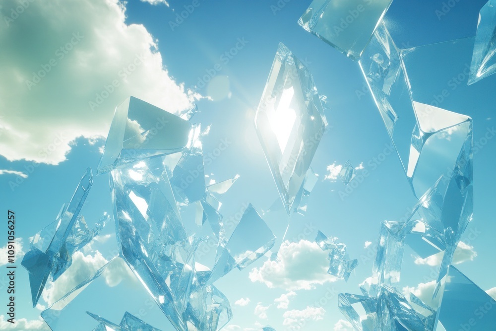 Aufkleber a surreal scene featuring shards of glass reflecting sunlight against a bright sky.