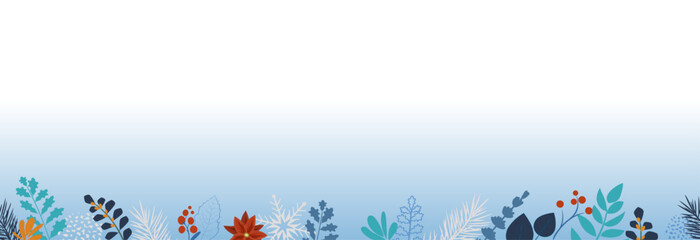 Winter christmas decoration. Seamless border with leaves and snowflakes on light blue background. Vector illustration.