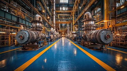 Obraz premium Industrial facility interior with complex machinery and vibrant yellow and blue color scheme. A long perspective showcases the scale and intricate details of the equipment.