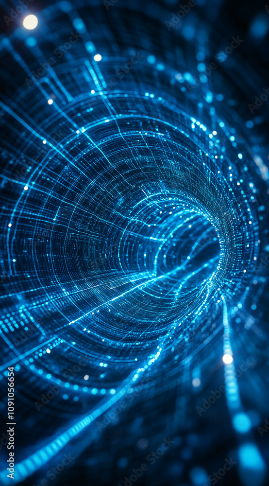 Poster digital blue tunnel visualization depicts data flow in cyberspace