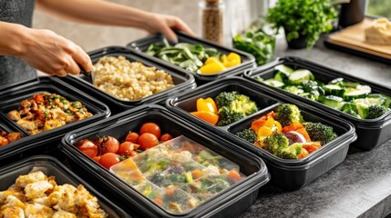 Obraz premium A variety of meal prep containers filled with healthy foods for organized eating.