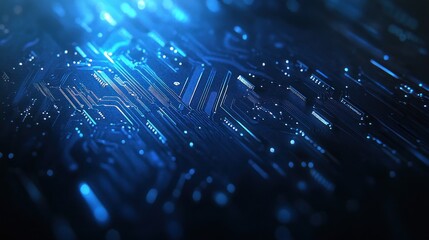 Fototapeta premium Abstract representation of a circuit board with blue lighting effects.