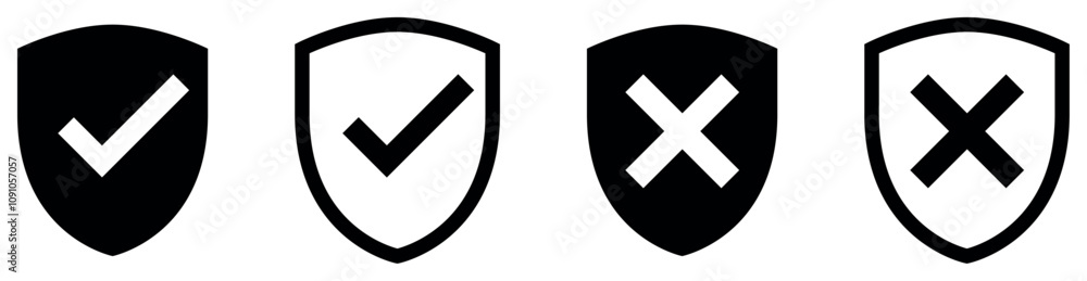 Poster shield with checkmark and crossmark icon black set. safe and unsafe security icon set. vector illust