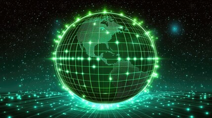 Obraz premium Globe with neon grid overlay, holographic style, connecting lights in green and cyan, dark backdrop, high-resolution illustration