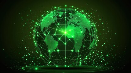 Obraz premium Globe with neon grid overlay, holographic style, connecting lights in green and cyan, dark backdrop, high-resolution illustration