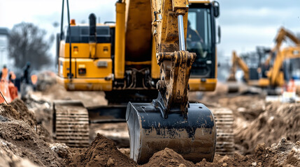 Fototapeta premium Heavy-Duty Construction Equipment Operating on Site
