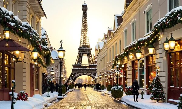 eiffel of paris in snow christmas day	
