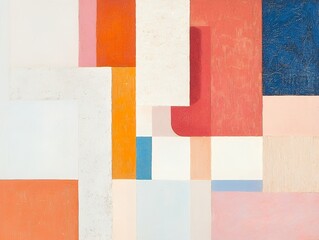 Geometric abstract composition with colorful rectangles and squares in orange, red, blue, pink, and white tones. Textured modern art painting. Design for poster, wallpaper, or print.