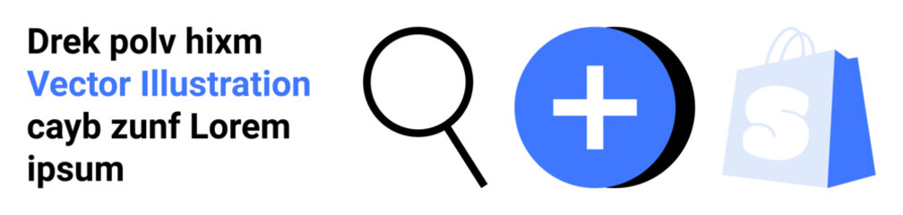 Obraz premium Magnifying glass next to a plus symbol and a shopping bag with placeholder text. Ideal for online shopping, search functionality, add to cart, retail, and eCommerce themes. Landing page
