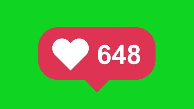 Flat design popping hart up 4K social media like counter, shows clicks over time on a green screen with alpha matte, chrome key