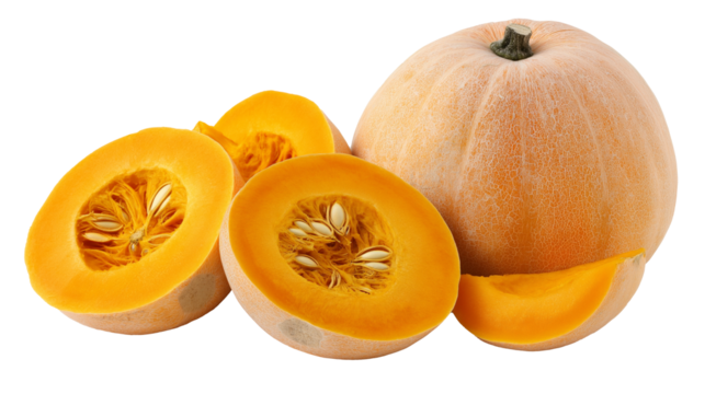 Fresh whole, half and sliced nutmeg pumpkins on a white background with space for text