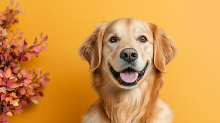 Golden Retriever Portrait: A heartwarming portrait of a golden retriever,  its playful spirit and gentle gaze captured against a vibrant yellow backdrop. This image evokes warmth, joy.