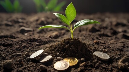 A seedling iis growing on a coin lying on the ground. Green investment concept ,Rising money to invest. financial growth concept