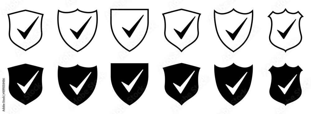 Poster shield with check mark icon vector set. security shield protection, approved and trusted product con
