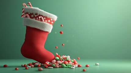 An animated Christmas stocking with candy spilling out, glowing against a pastel green background