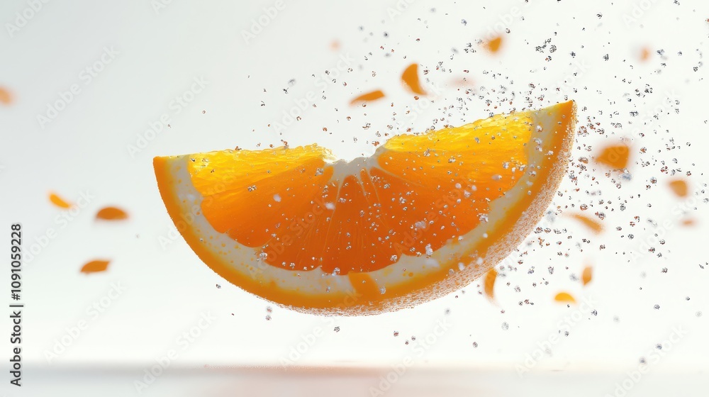 Poster 3d render of an orange slice falling through sparkling water, creating a vibrant and refreshing visu