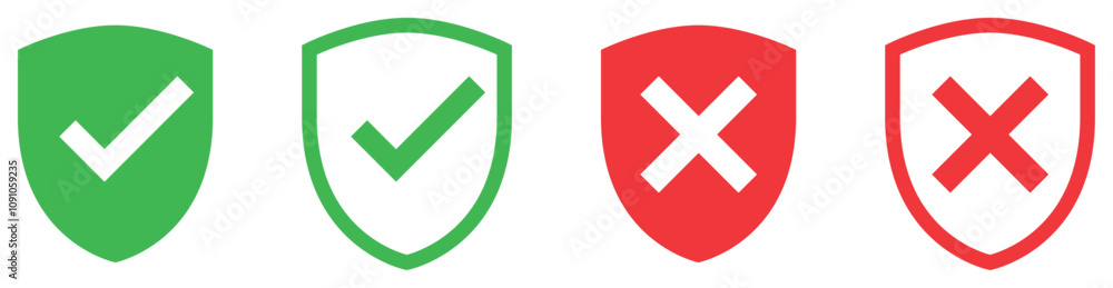 Poster shield with check and cross mark icon set. safe and unsafe security icon set. vector illustration