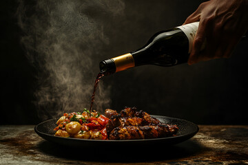 One hand pouring wine dining table food service cozy atmosphere close-up view culinary delight