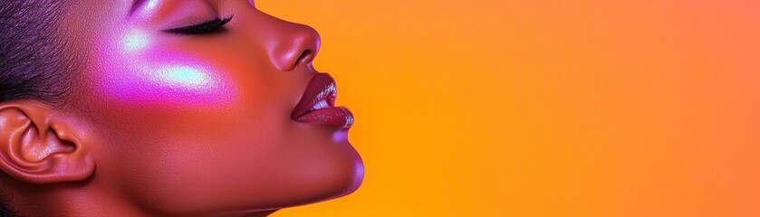 Fototapeta premium A close-up profile of a woman with glowing skin, highlighted by vibrant colors, against a warm orange backdrop.