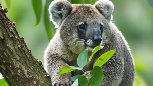 Bear cuscus sitting on branch eating leaves