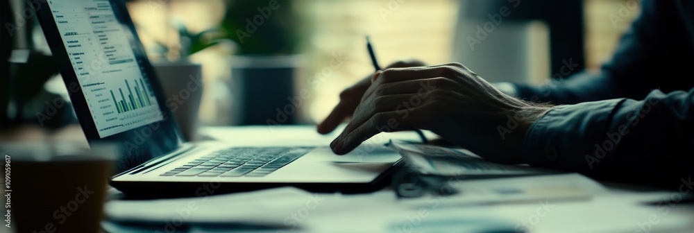 Poster a person working on a laptop with charts and papers on a desk, focusing on data analysis.