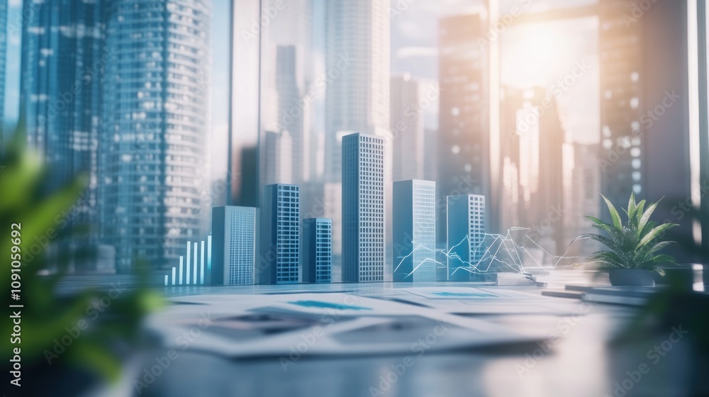 Poster a modern urban landscape with skyscrapers and data visualization elements.