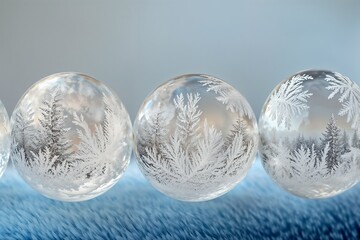Delicate bracelet with frosted glass beads showcasing winter forest designs on a blue background