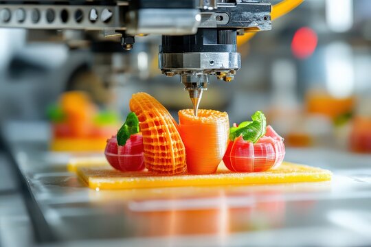 Close-up of 3D printing process for intricate dessert in industrial kitchen.
