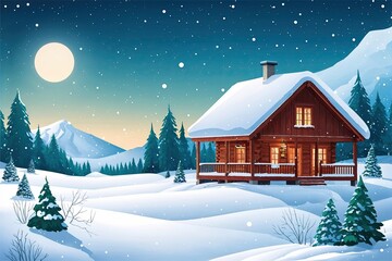 Fototapeta premium Winter Cabin Illustration in Serene Snowy Landscape Art