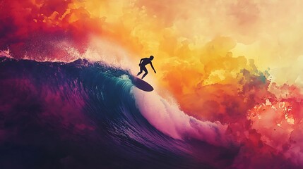 Fototapeta premium A surfer silhouette riding a towering ocean wave under a vibrant sunset sky, soft splashes and watercolor tones blend with the sea spray