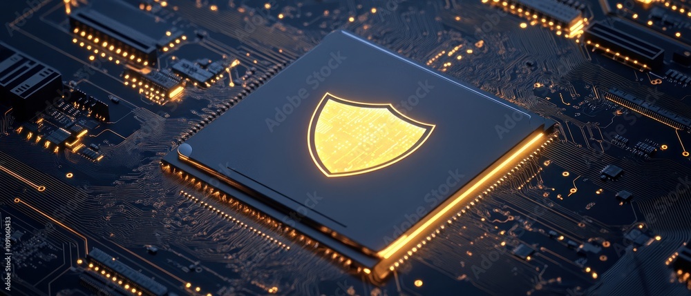Poster a close-up of a microchip with a shield symbol, representing cybersecurity and technology.