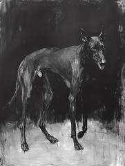 Obraz premium A striking monochrome portrait of a standing black dog, capturing its majestic presence and expressive features.