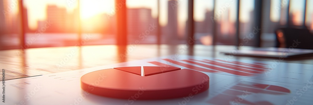 Poster a red play button on a table with a cityscape background during sunset.