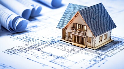 A miniature house model on architectural blueprints, symbolizing construction and design.