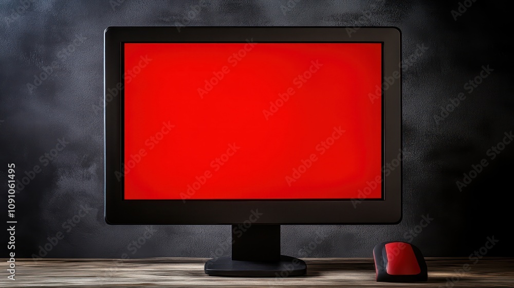 Poster a computer monitor displaying a solid red screen beside a matching mouse on a wooden surface.