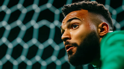 Focused Athlete:  A determined young man, his face etched with concentration, gazes intently towards a goal, highlighting the unwavering focus and dedication of a true competitor.