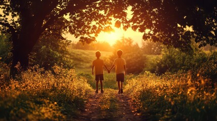 Silhouetted Brothers Stroll Hand-in-Hand on a Sunset Path, Golden Hour Light Illuminates Rural Landscape