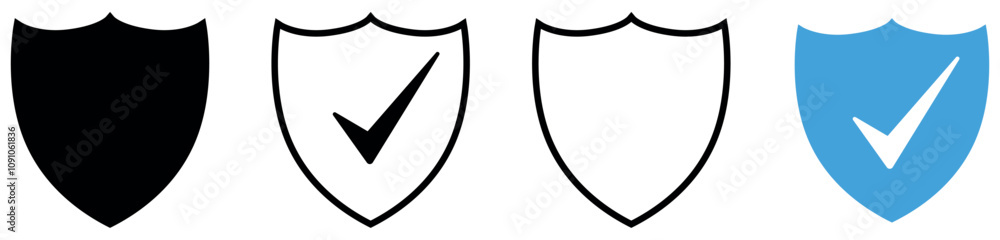 Poster shield with check mark icon vector set. security shield protection, approved and trusted product con