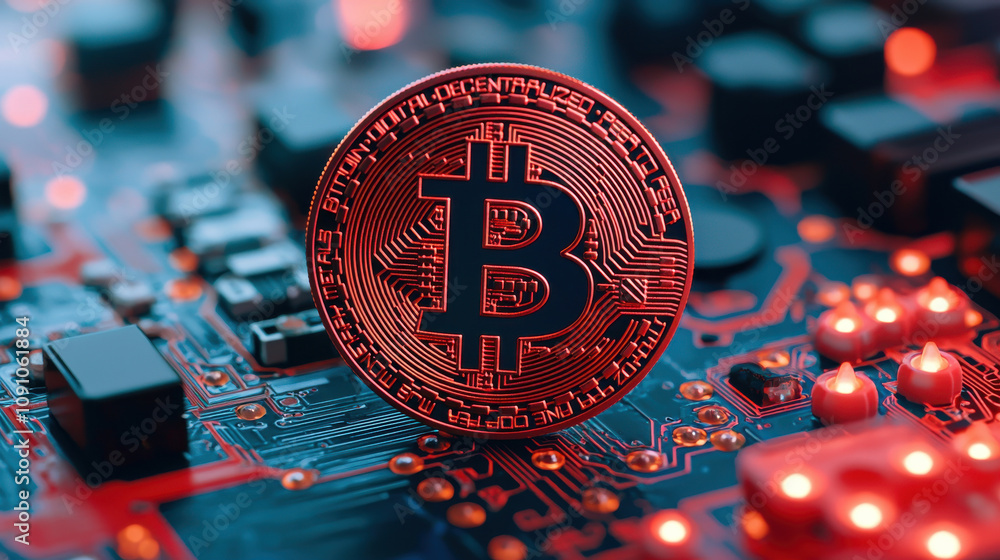 Poster digital currency symbol on circuit board, representing blockchain technology