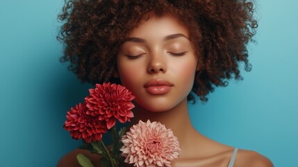 Naklejka premium woman holding flowers in her hand, with curly hair and closed eyes against the background of blue color