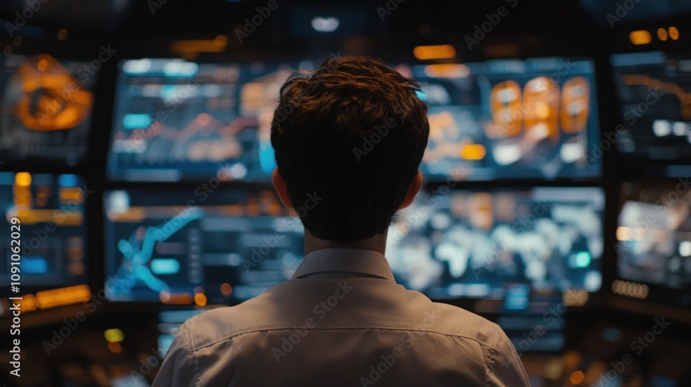 Poster a person observing multiple screens displaying data and analytics in a control room.