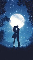 Obraz premium Romantic couple embraces under a luminous full moon and starry night sky