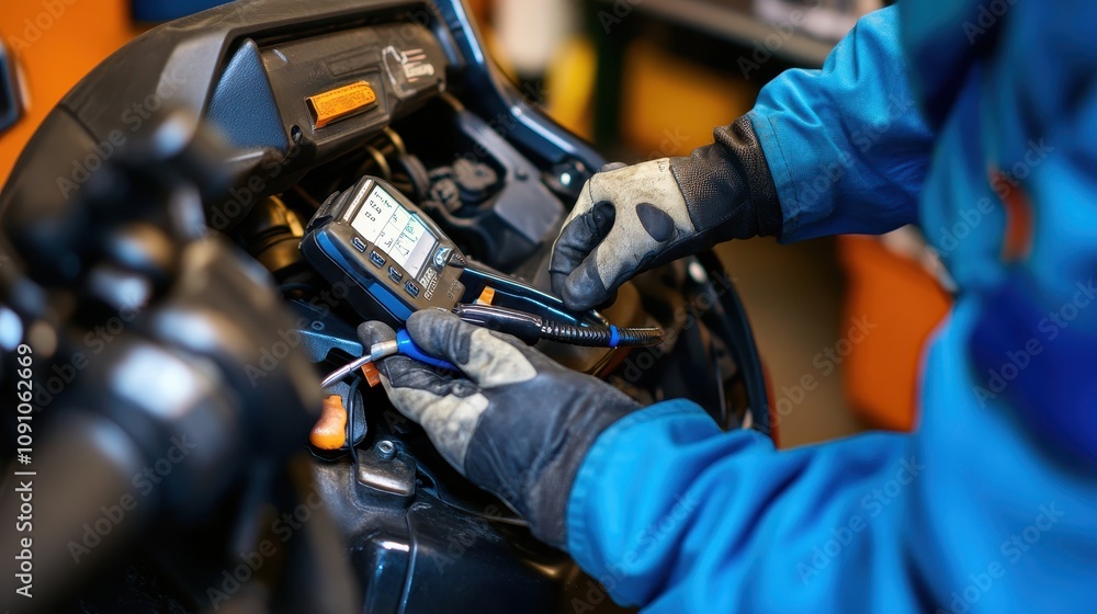 Aufkleber a technician using a multimeter on machinery for diagnostics.