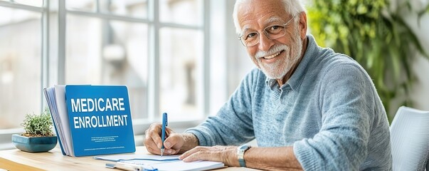 Smiling older man writing notes beside a Medicare guide, well-lit desk,  "MEDICARE ENROLLMENT"  banner for encouraging themes