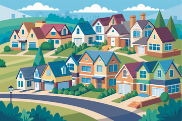 Naklejka premium A cartoon of a diverse residential neighborhood on a hill with various houses, gardens, and trees. Peaceful and serene with clean roads and a distant cityscape.